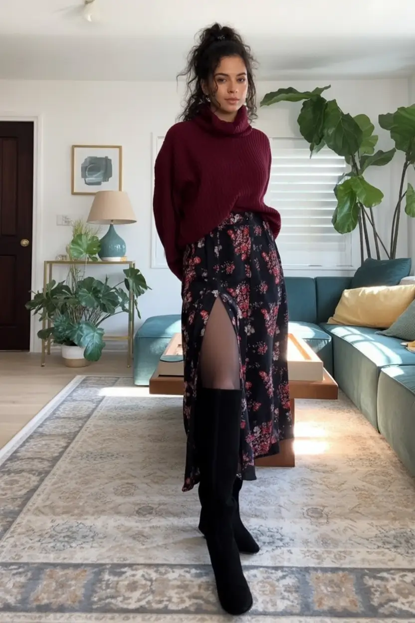Fall 2025 looks: tremdy outfits with skirts Wine Red Meets Florals