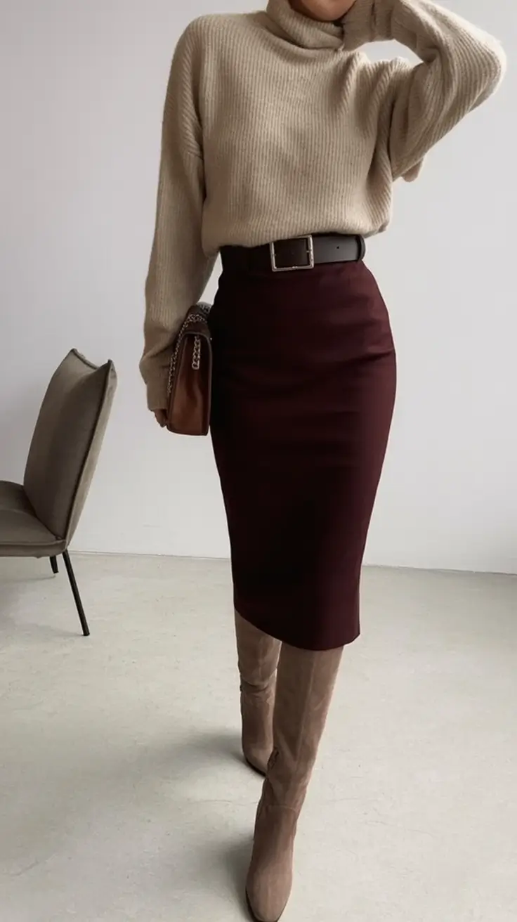 Fall 2025 looks: tremdy outfits with skirts Coffee Cream and Merlot