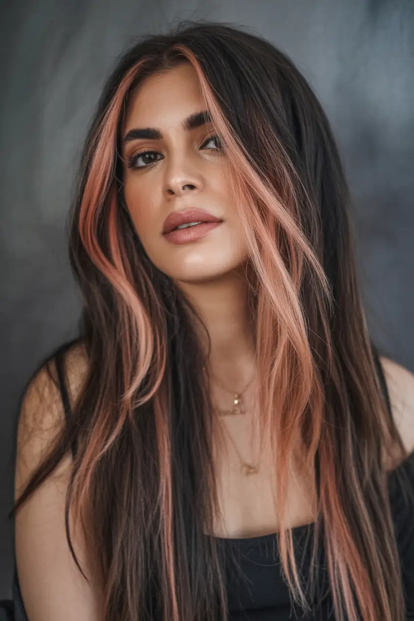 Fall Hair Color Ideas for Brunette 2025 Bold Copper Money Piece on Long Brunette Layers