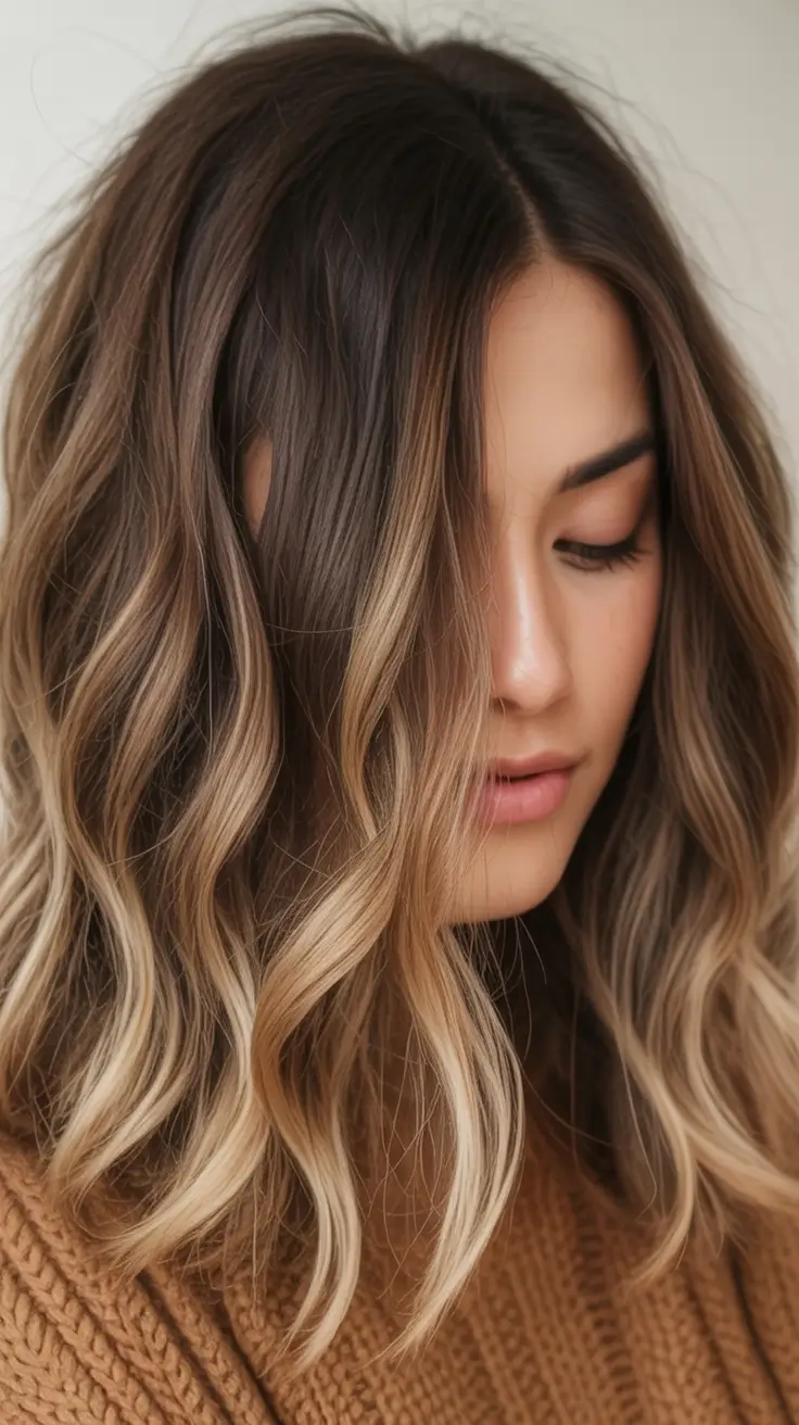 Fall Hair Color Ideas for Brunette 2025 Face-Framing Blonde Balayage on Soft Brunette Waves
