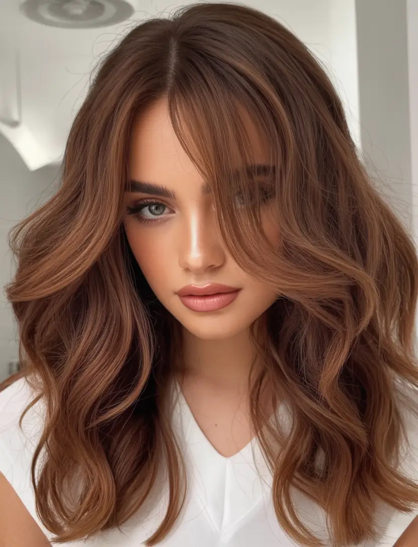 Fall Hair Color Ideas for Brunette 2025 Chocolate Chestnut Waves with Curtain Bangs