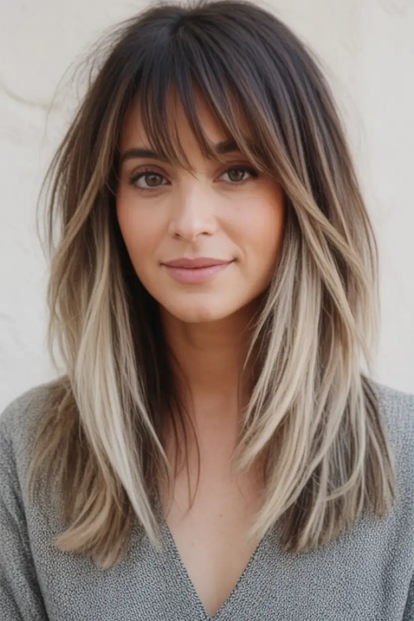 Fall Hair Color Ideas for Brunette 2025 Smoky Blonde Balayage with Wispy Bangs
