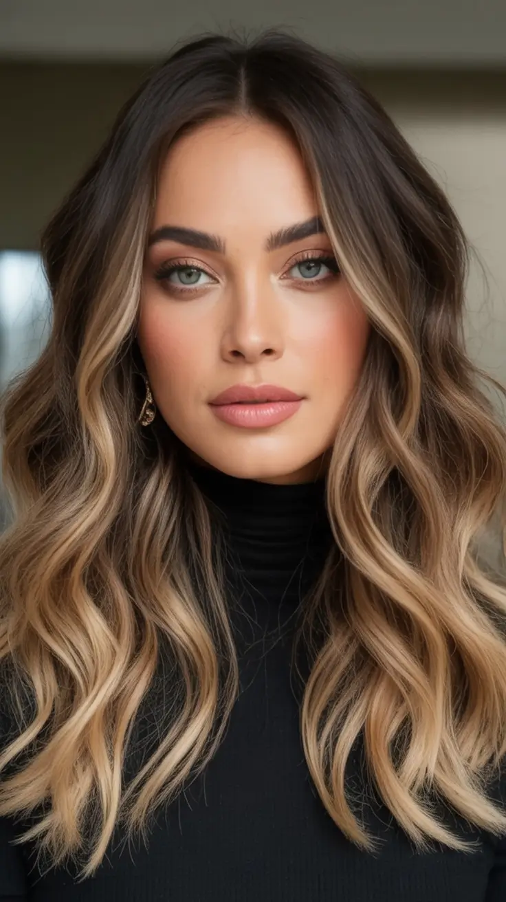 Fall Hair Color Ideas for Brunette 2025 Golden Hazelnut Waves with Luxe Volume