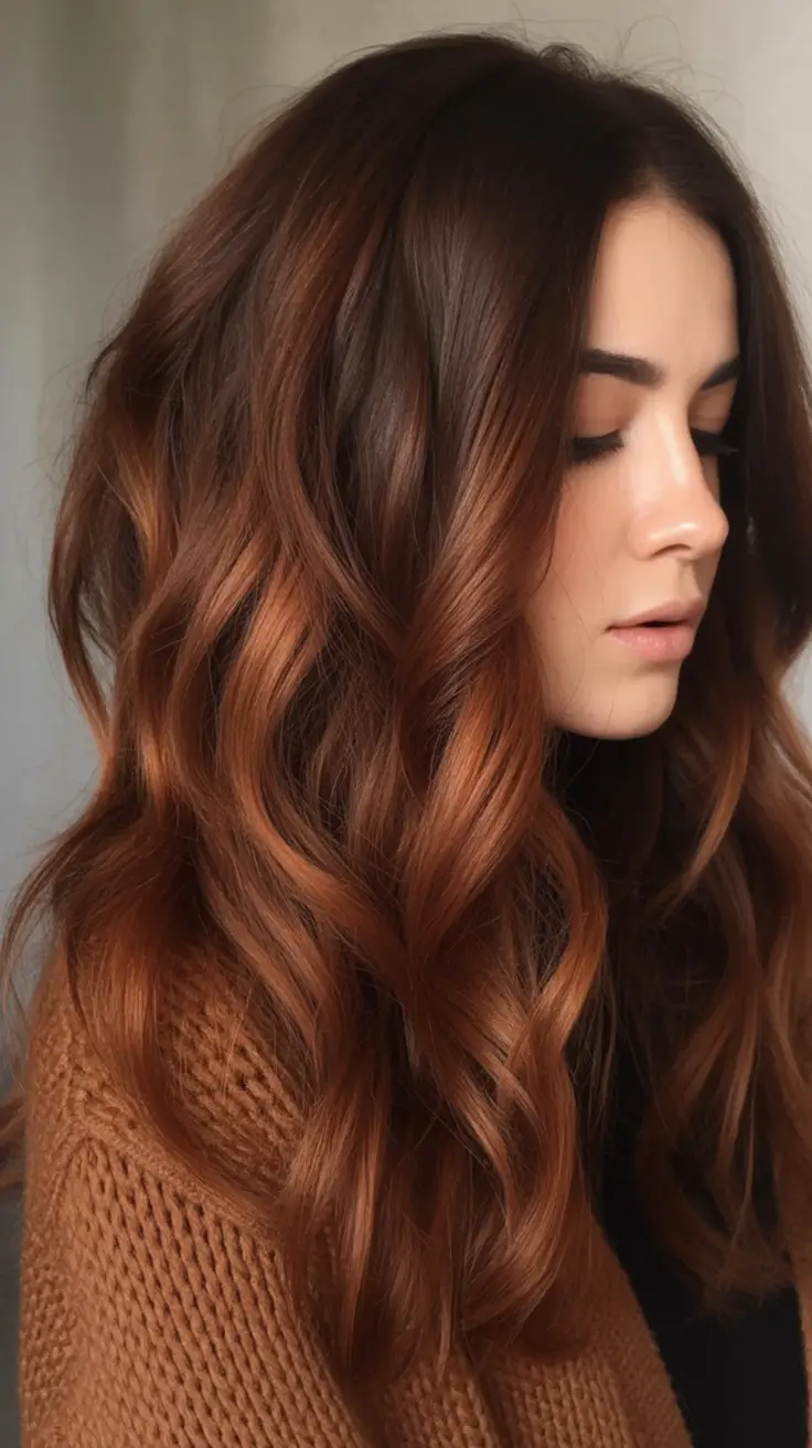 Fall Hair Color Ideas for Brunette 2025 Red Brown Waves with Fall Ember Glow