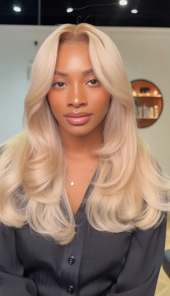 Fall Hair Color Ideas for Deep Skin Tones 2025 Voluminous Butter Blonde with Soft Face-Framing Layers