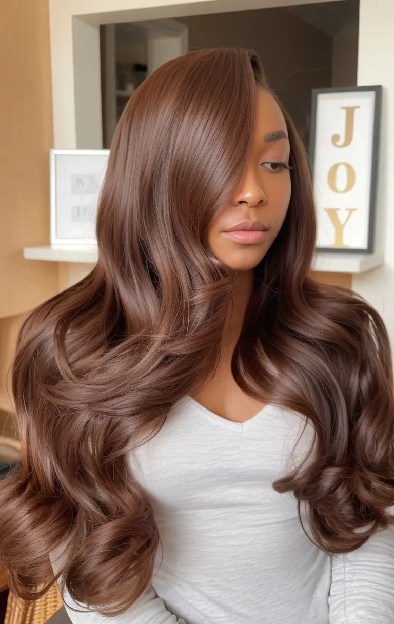 Fall Hair Color Ideas for Deep Skin Tones 2025 Glossy Chestnut Glamour Curls