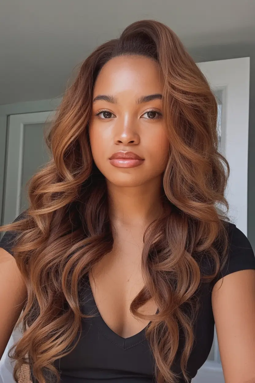 Fall Hair Color Ideas for Deep Skin Tones 2025 Warm Butterscotch Layers with Soft Curls