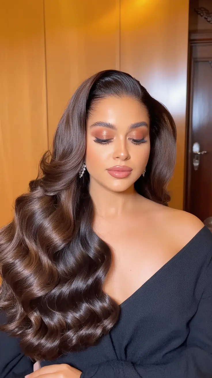 Fall Hair Color Ideas for Deep Skin Tones 2025 Ultra-Glossy Hollywood Waves in Espresso Brown