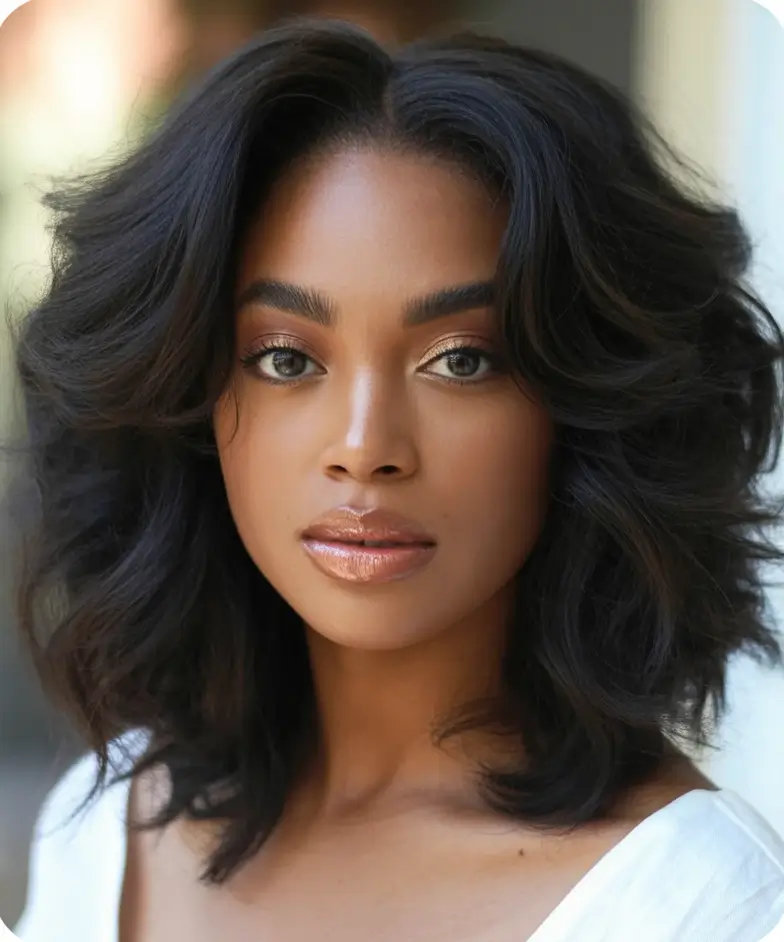 Fall Hair Color Ideas for Deep Skin Tones 2025 Soft-Volume Blowout with Cocoa Layers