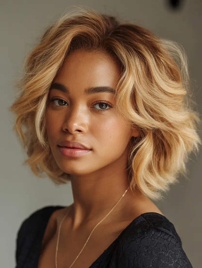 Fall Hair Color Ideas for Deep Skin Tones 2025 Golden Tawny Bob with Tousled Texture