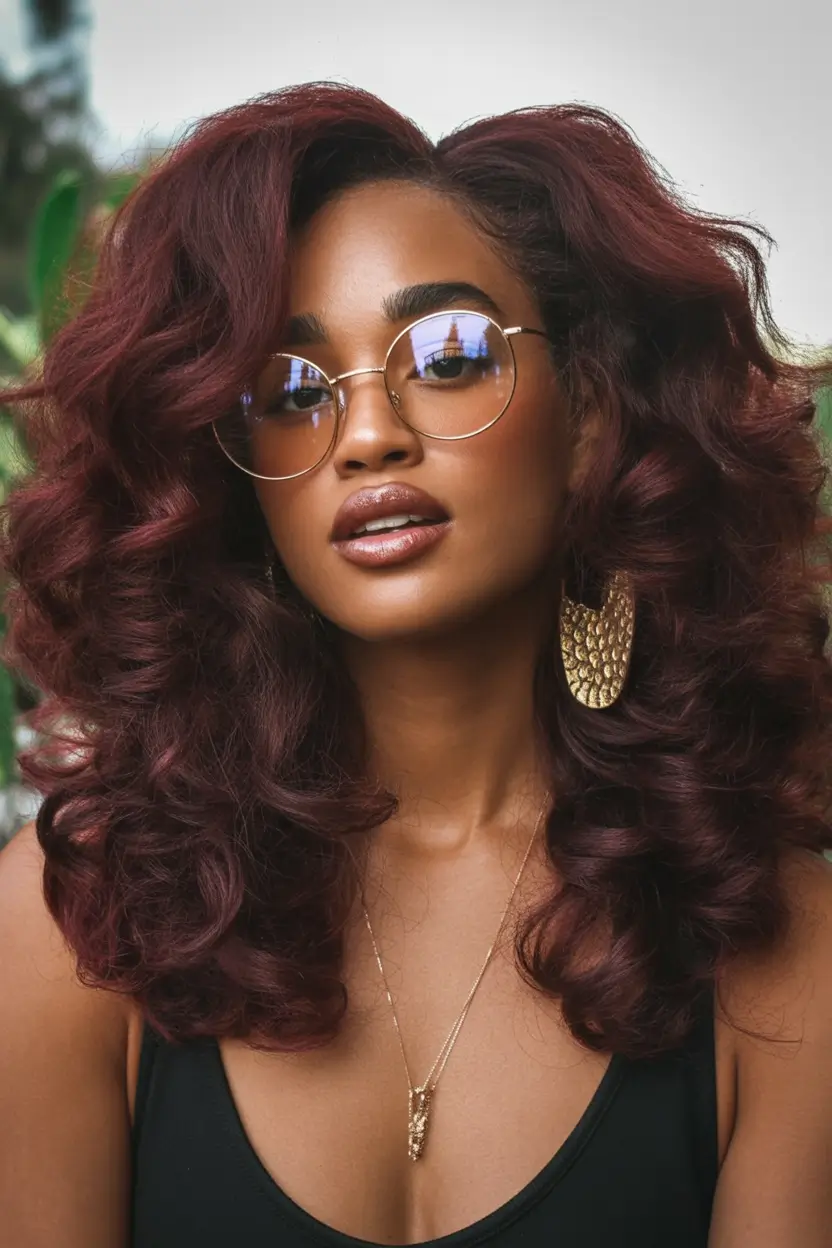 Fall Hair Color Ideas for Deep Skin Tones 2025 Fluffy Burgundy Curls with Lived-In Volume