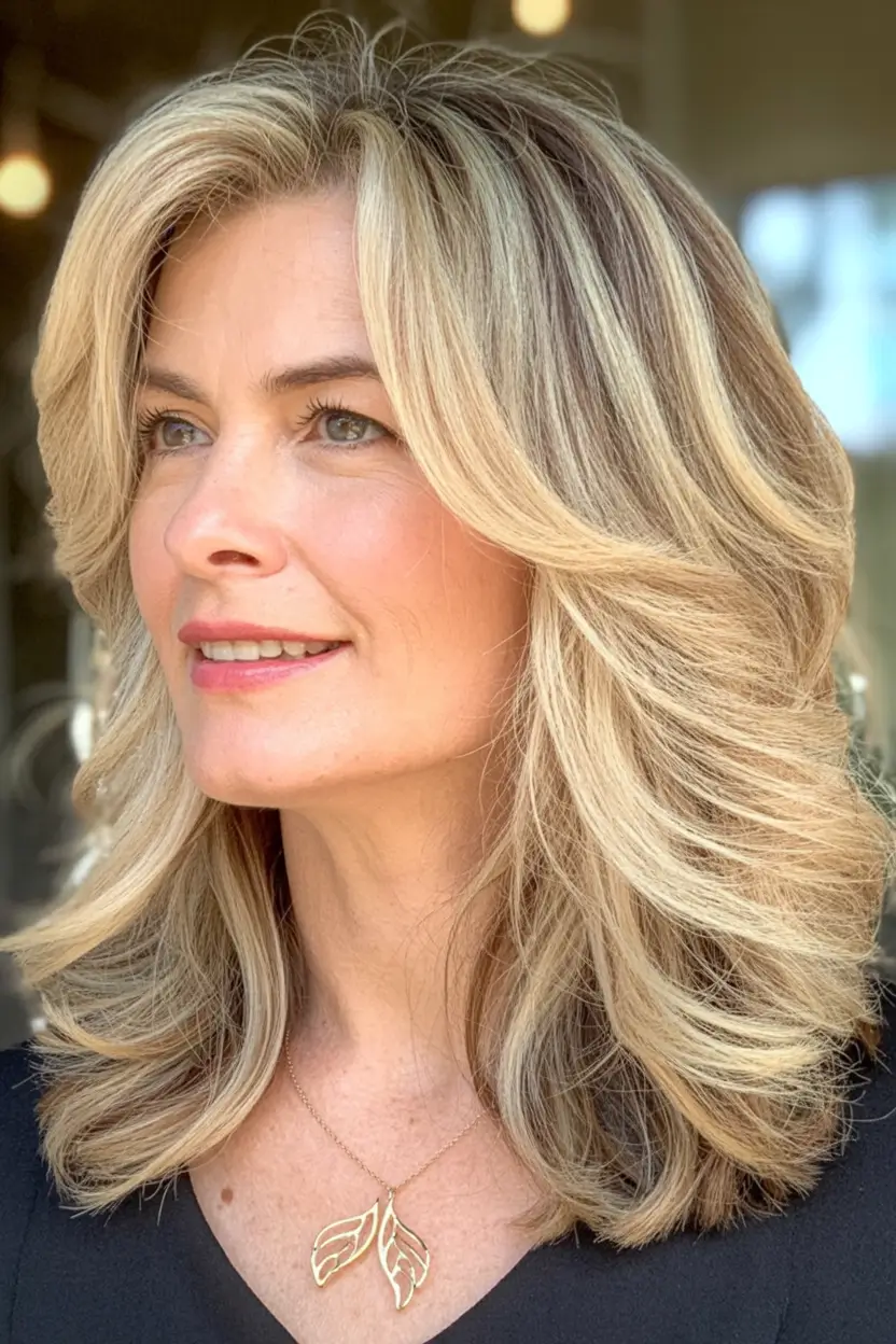 2025 Fall Hair Color Looks for Women 50+ Soft Feathered Layers with Bright Blonde Dimension