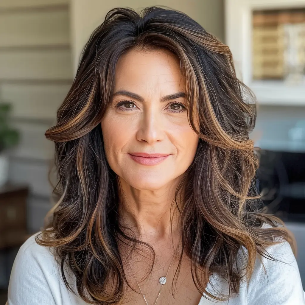 2025 Fall Hair Color Looks for Women 50+ Espresso Brunette with Cinnamon Ribbons