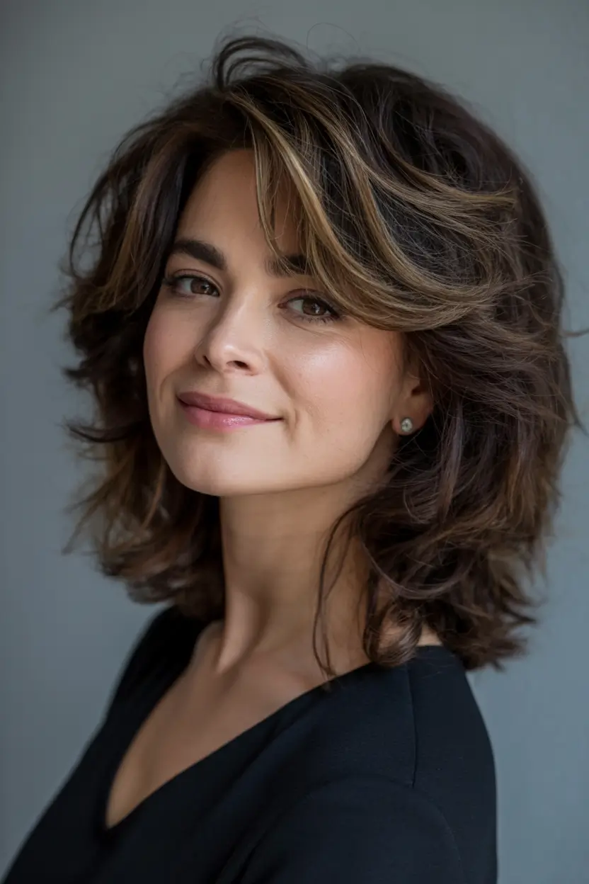2025 Fall Hair Color Looks for Women 50+ Layered Walnut Brown with Side Fringe
