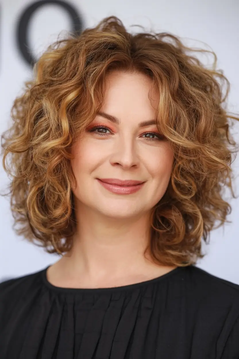 2025 Fall Hair Color Looks for Women 50+ Ginger Caramel Ringlets with Crown Volume