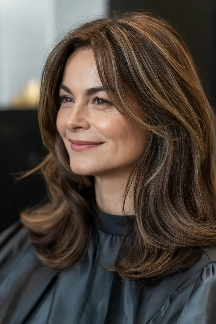 2025 Fall Hair Color Looks for Women 50+ Deep Brunette with Soft Gold Accents