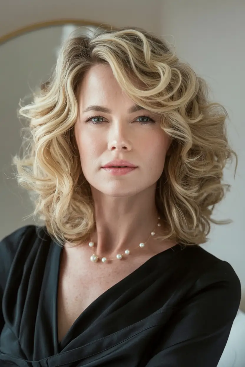 2025 Fall Hair Color Looks for Women 50+ Voluminous Curls in Golden Butter Blonde