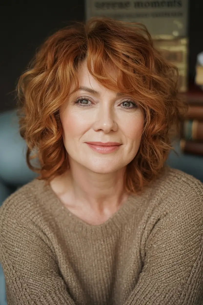 2025 Fall Hair Color Looks for Women 50+ Curly Auburn Layers with French Bangs