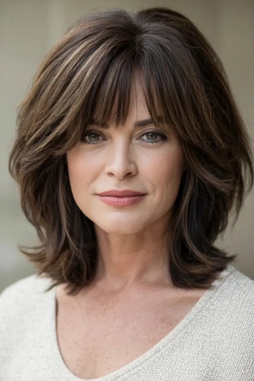 2025 Fall Hair Color Looks for Women 50+ Classic Chocolate Shag with Full Fringe