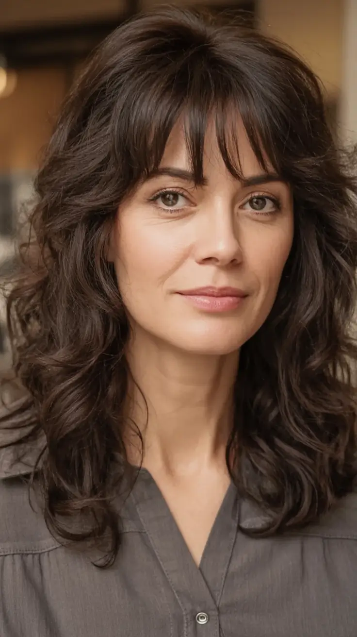 2025 Fall Hair Color Looks for Women 50+ Loose Curls with Wispy Curtain Bangs
