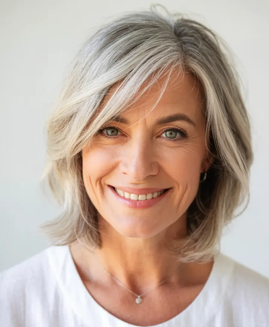 2025 Fall Hair Color Looks for Women 50+ Natural Silver Texture with Feathered Layers