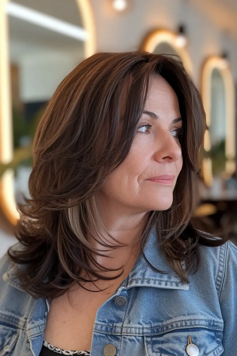 2025 Fall Hair Color Looks for Women 50+ Chocolate Chestnut Layers with Light Face-Framing