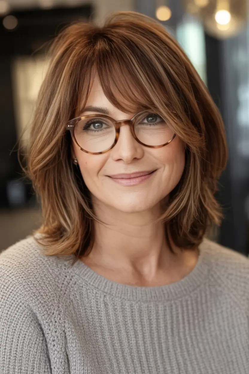 2025 Fall Hair Color Looks for Women 50+ Mid-Length Auburn Layers with Tortoiseshell Glasses