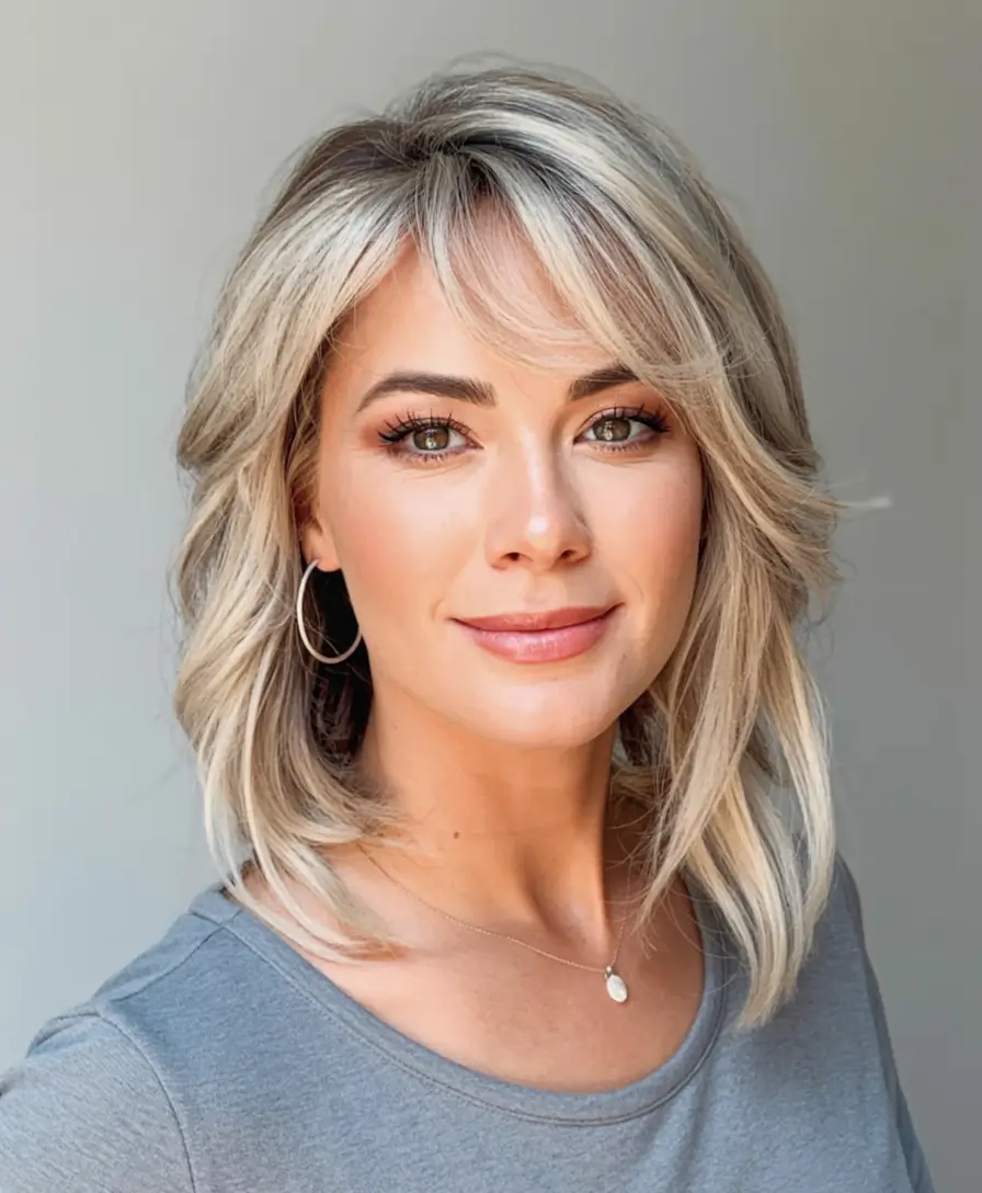 2025 Fall Hair Color Looks for Women 50+ Platinum Blonde Shag with Airy Bangs