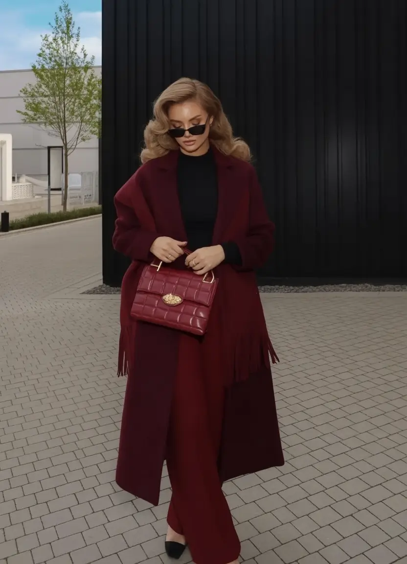 Fall outfits ideas for a fashionable 2025 lookbook Monochrome Wine Elegance with Fringe