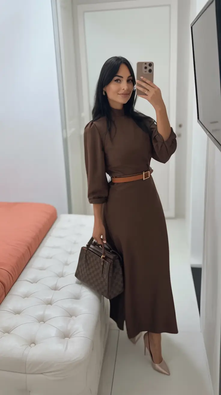 Fall outfits ideas for a fashionable 2025 lookbook Chocolate Midi Dress for Soft Transitions