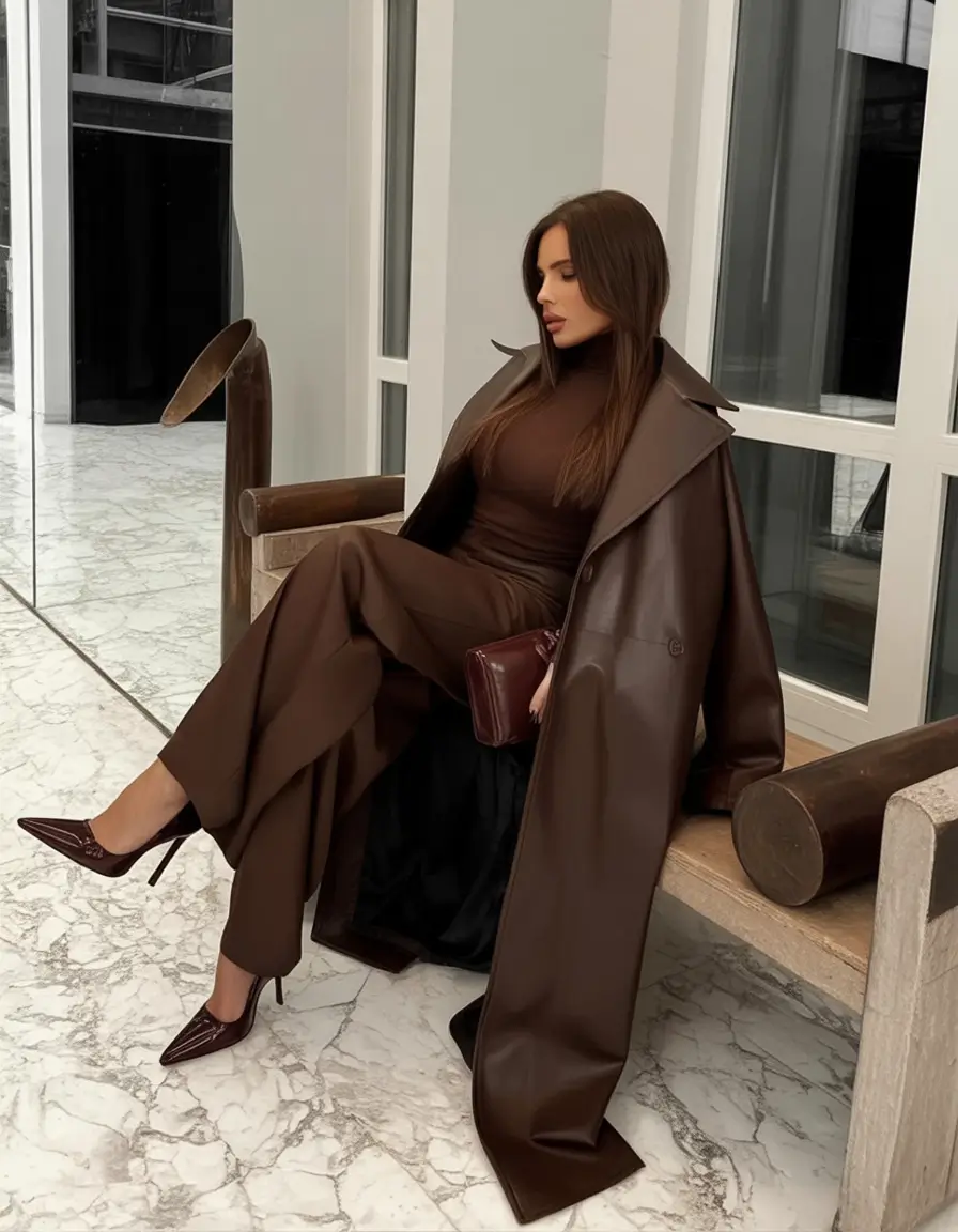 Fall outfits ideas for a fashionable 2025 lookbook Full Monochrome Leather Moment in Deep Brown