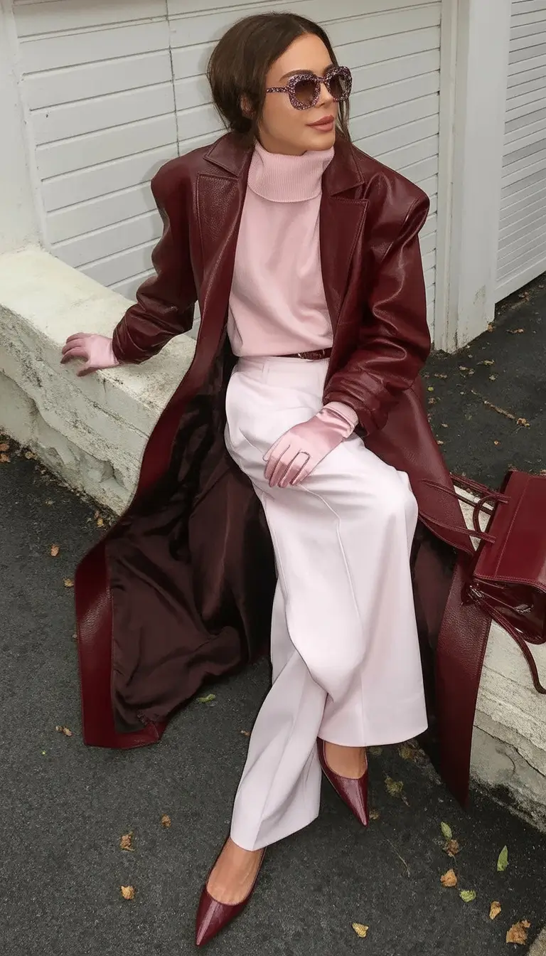 Fall outfits ideas for a fashionable 2025 lookbook Muted Burgundy Meets Soft Pastels