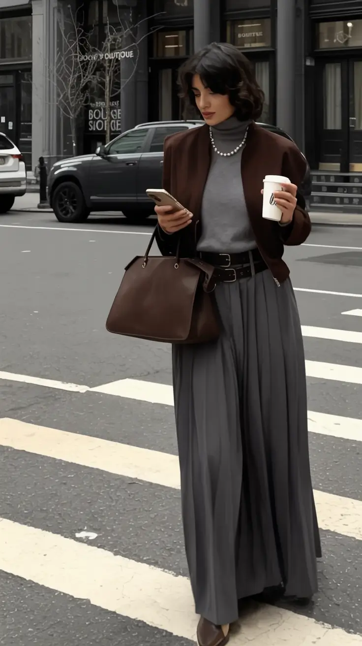 Fall outfits ideas for a fashionable 2025 lookbook Pleated Power: Grayscale Elegance on the Go