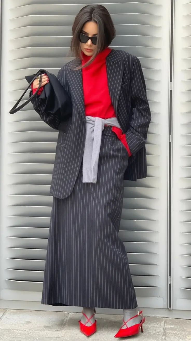 Fall outfits ideas for a fashionable 2025 lookbook Power Pinstripes and a Bold Red Twist