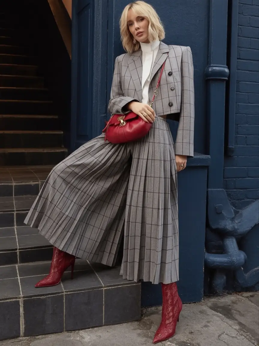 Fall outfits ideas for a fashionable 2025 lookbook Grey Power Suit with Red Accessories