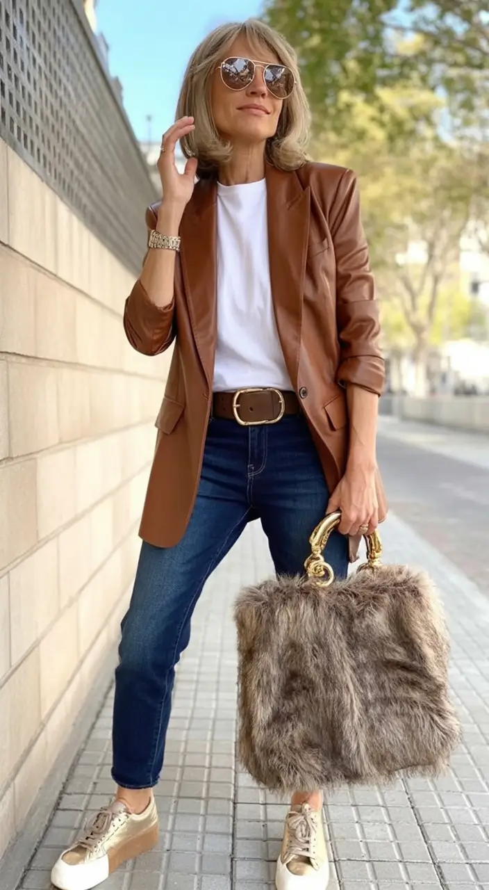 Fall 2025 fashion outfits for stylish women over 50 Polished Leather Meets Laid-Back Denim