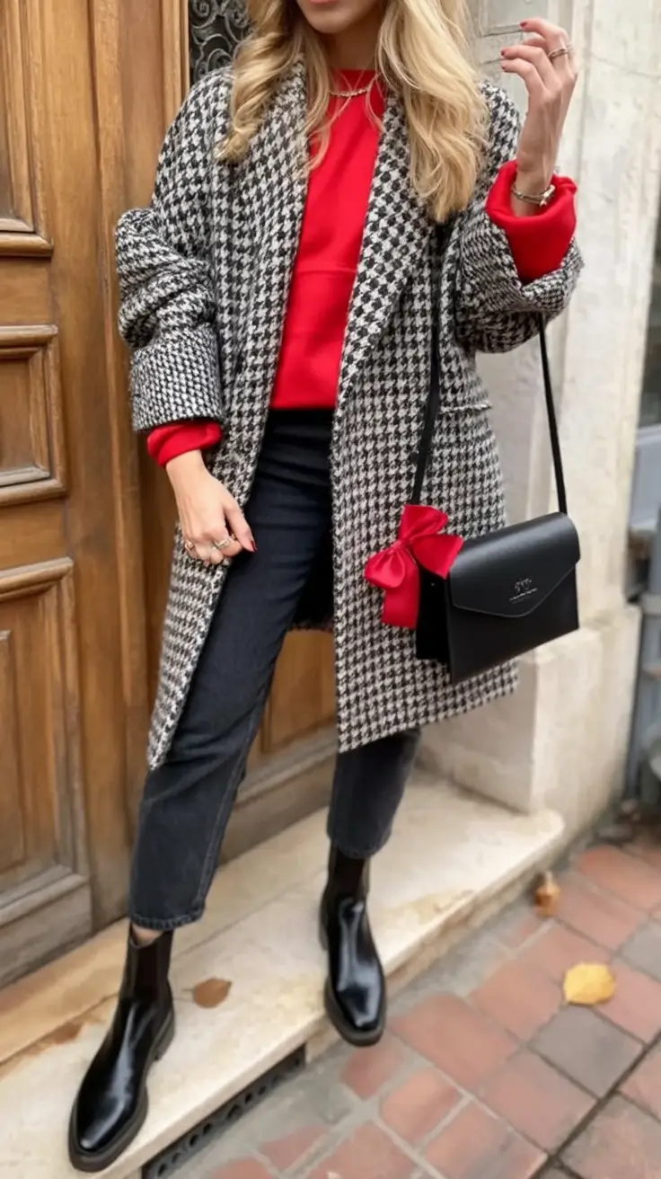 Fall 2025 fashion outfits for stylish women over 50 Statement Houndstooth with a Pop of Red