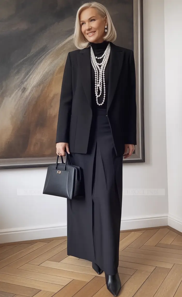 Fall 2025 fashion outfits for stylish women over 50 Blackout Sophistication with Pearl Drama