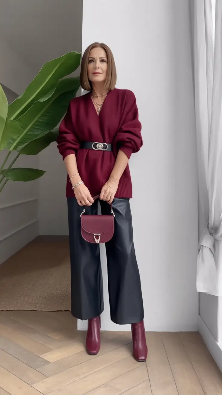 Fall 2025 fashion outfits for stylish women over 50 Bold Burgundy and Luxe Leather Confidence