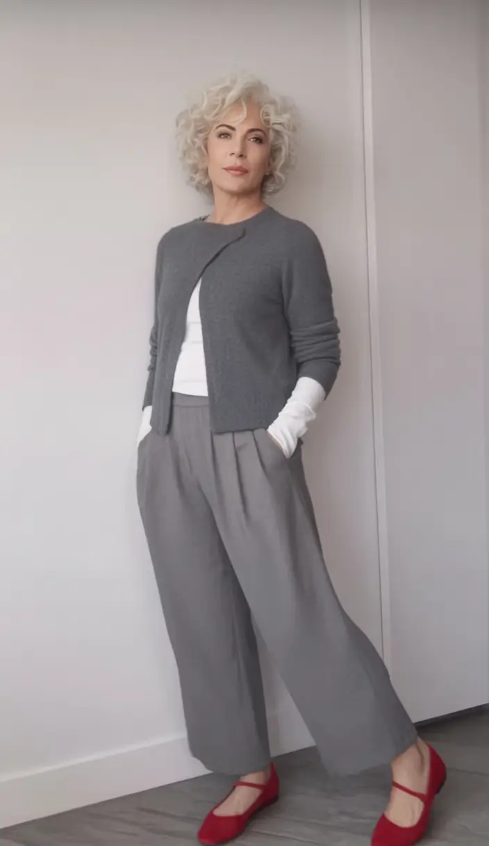 Fall 2025 fashion outfits for stylish women over 50 Effortless Grey Layers with a Pop of Red