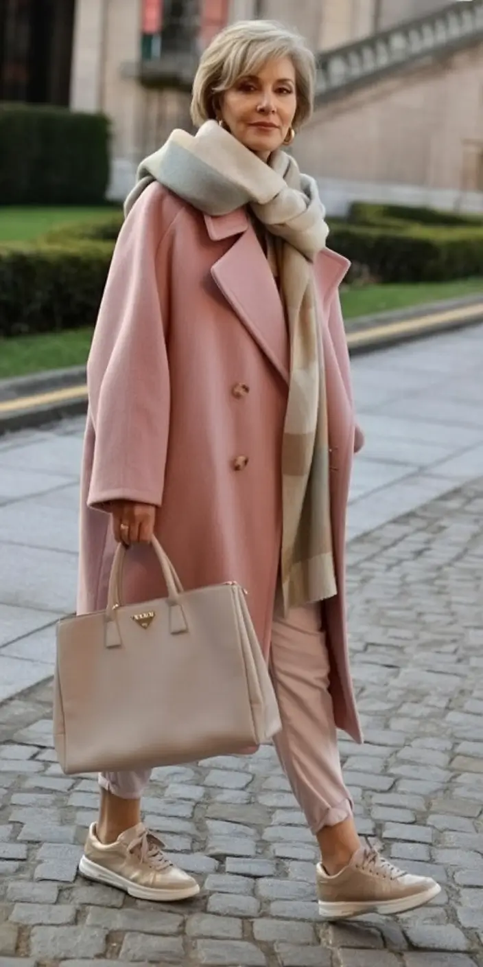 Fall 2025 fashion outfits for stylish women over 50 Monochrome Blush in Luxe Layers