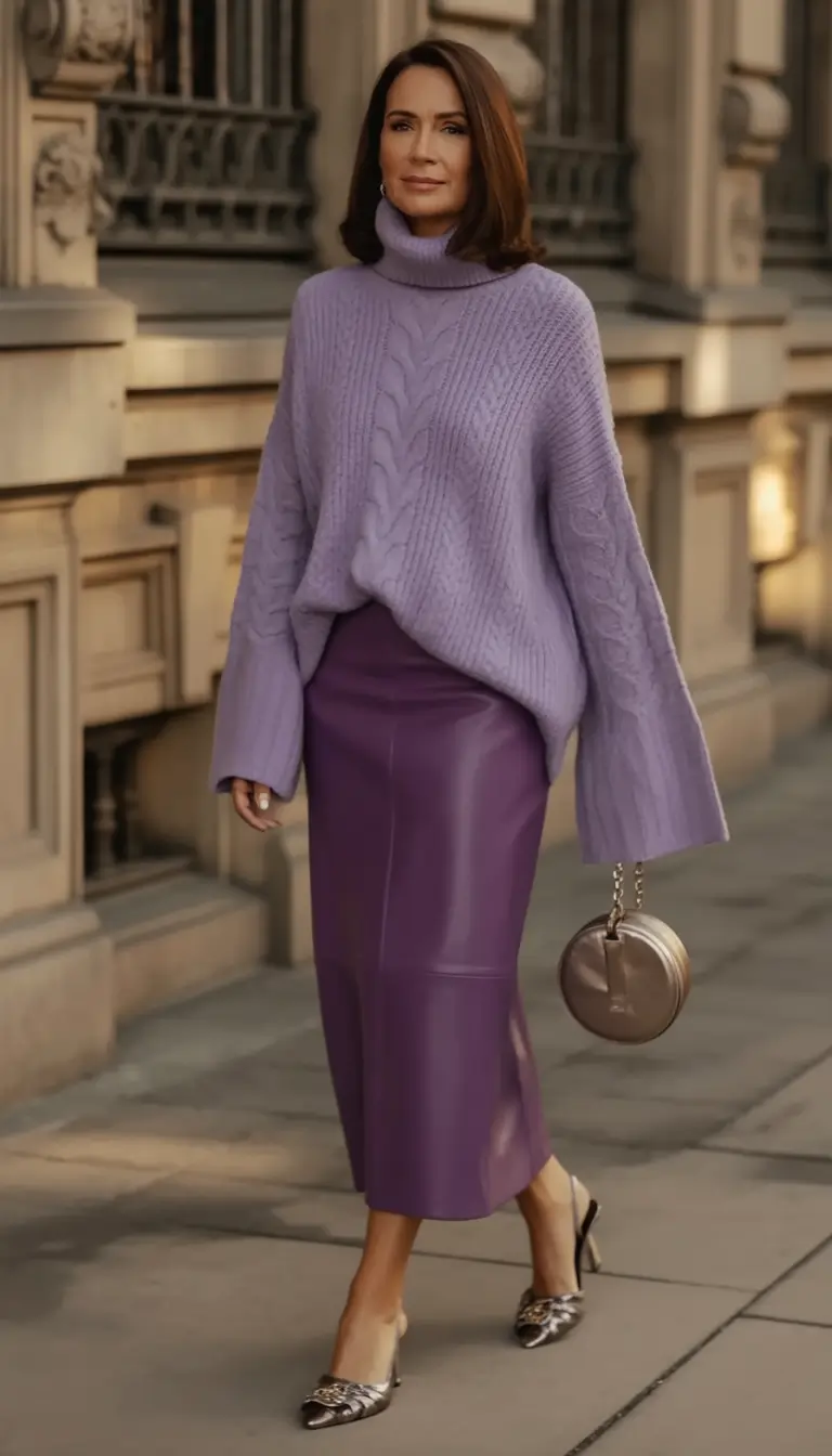Fall 2025 fashion outfits for stylish women over 50 Purple Done Right: Cable Knits and Sleek Skirts