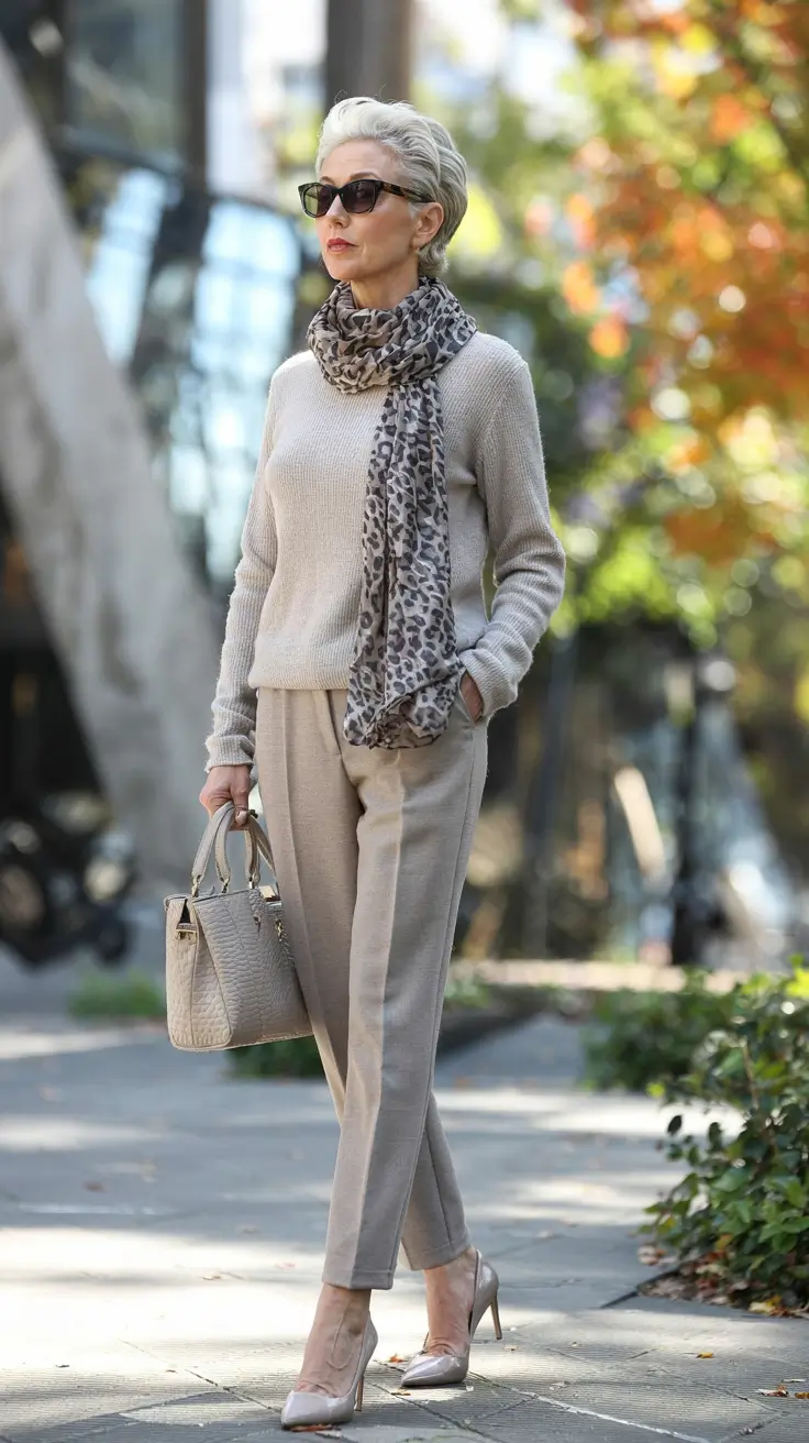 Fall 2025 fashion outfits for stylish women over 50 Beige on Beige with Leopard Charm