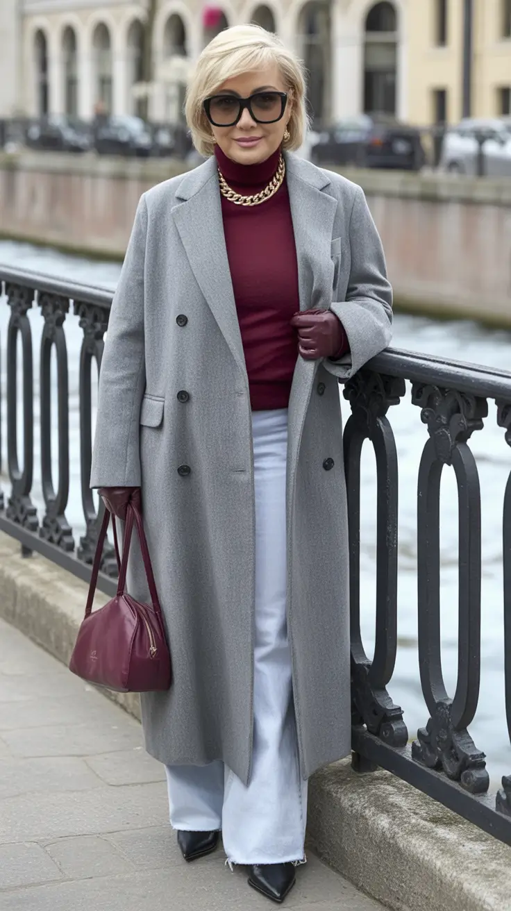 Fall 2025 fashion outfits for stylish women over 50 Graphite Elegance with a Hint of Bordeaux