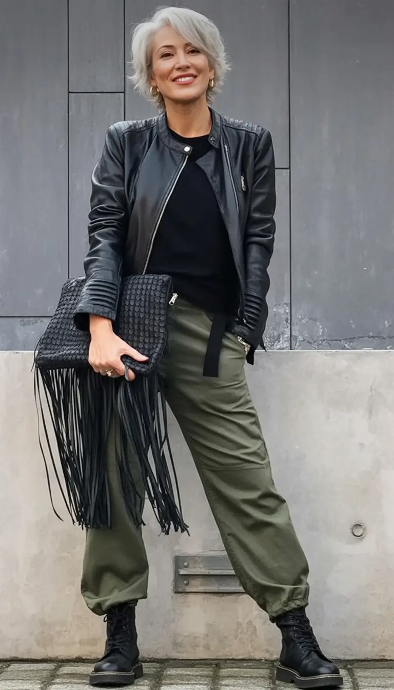 Fall 2025 fashion outfits for stylish women over 50 Edgy Comfort with Utility Vibes