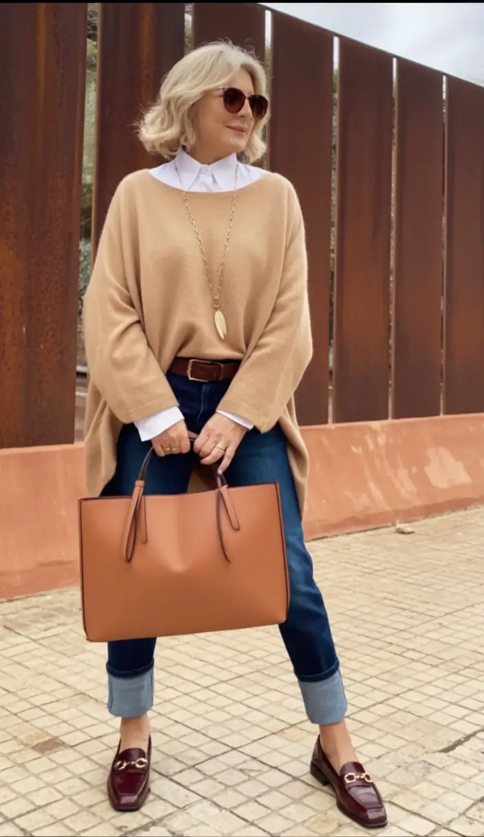 Fall 2025 fashion outfits for stylish women over 50 Cuffed Denim with Caramel Warmth