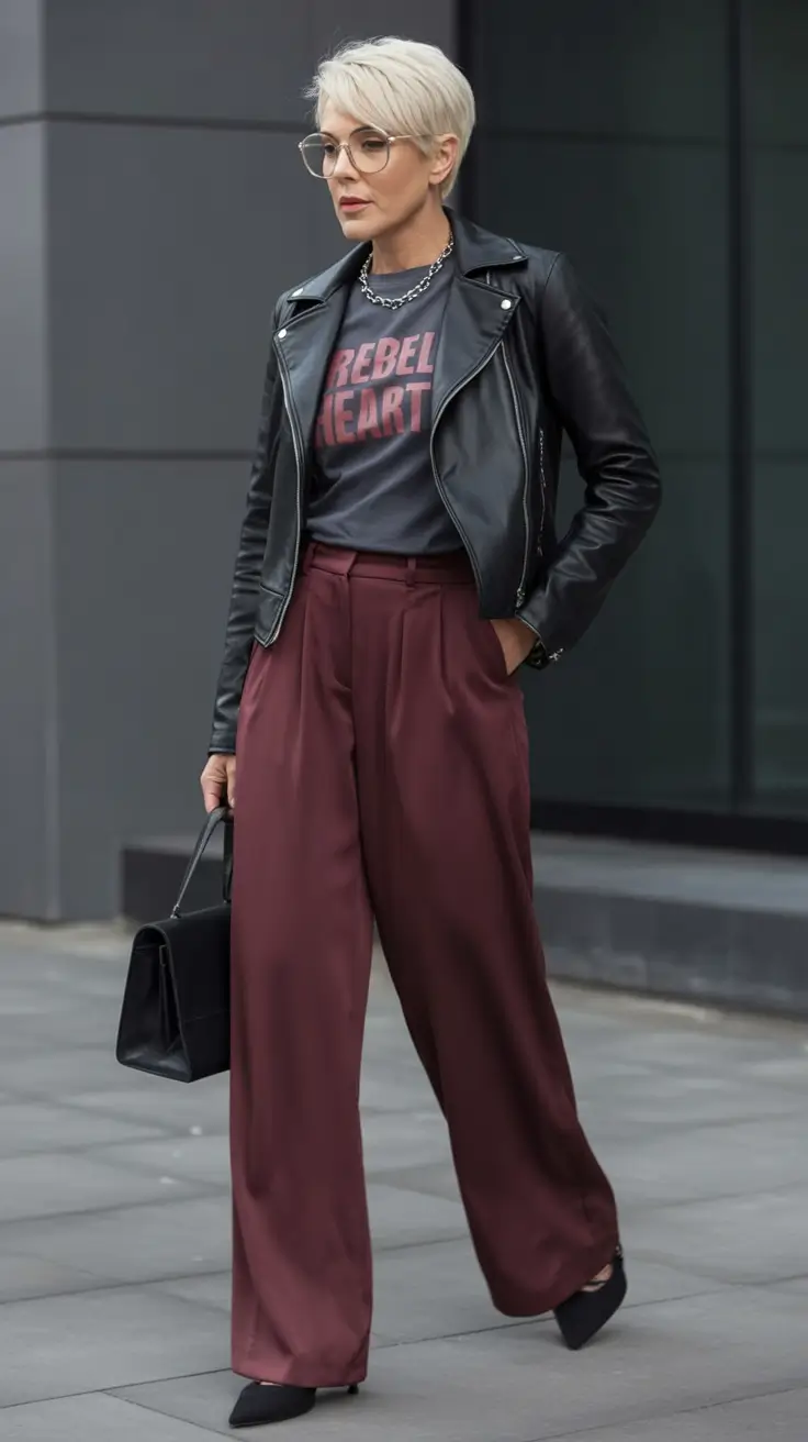 Fall 2025 fashion outfits for stylish women over 50 Graphic Grit with Silk Volume