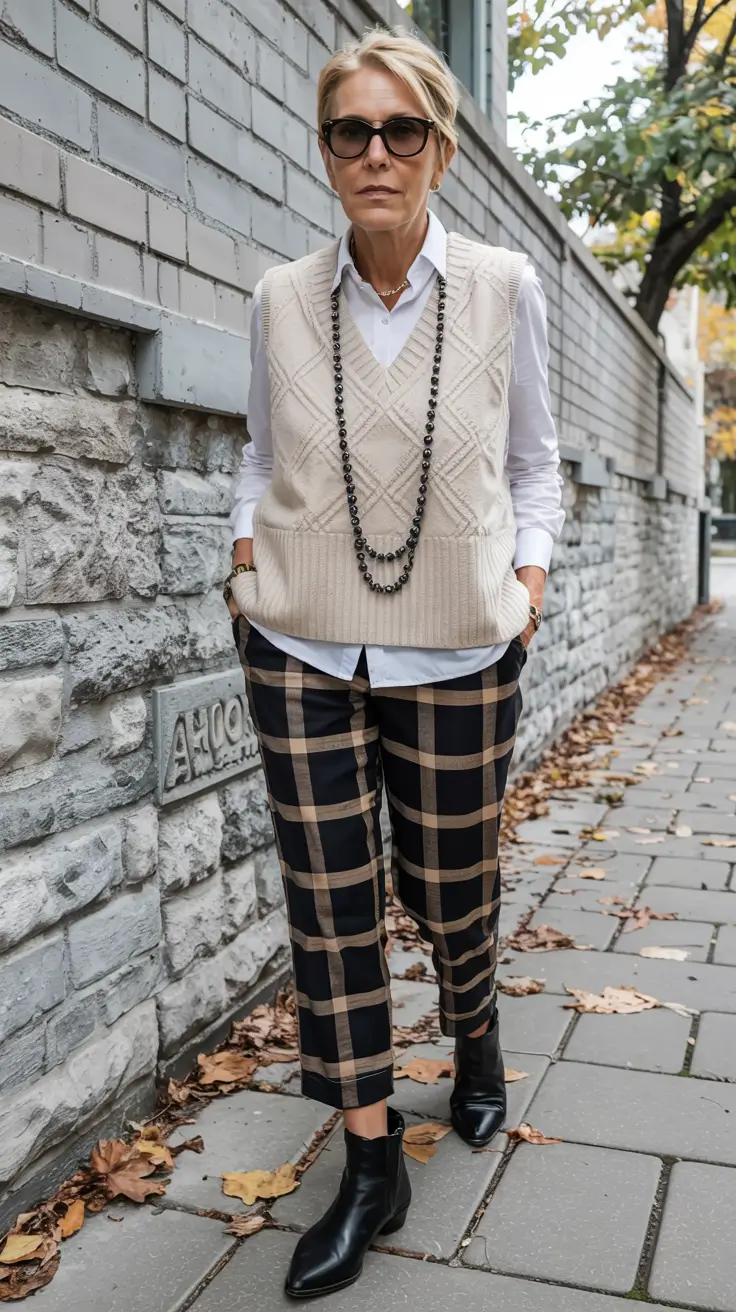 Fall 2025 fashion outfits for stylish women over 50 Retro Prep with Modern Plaid