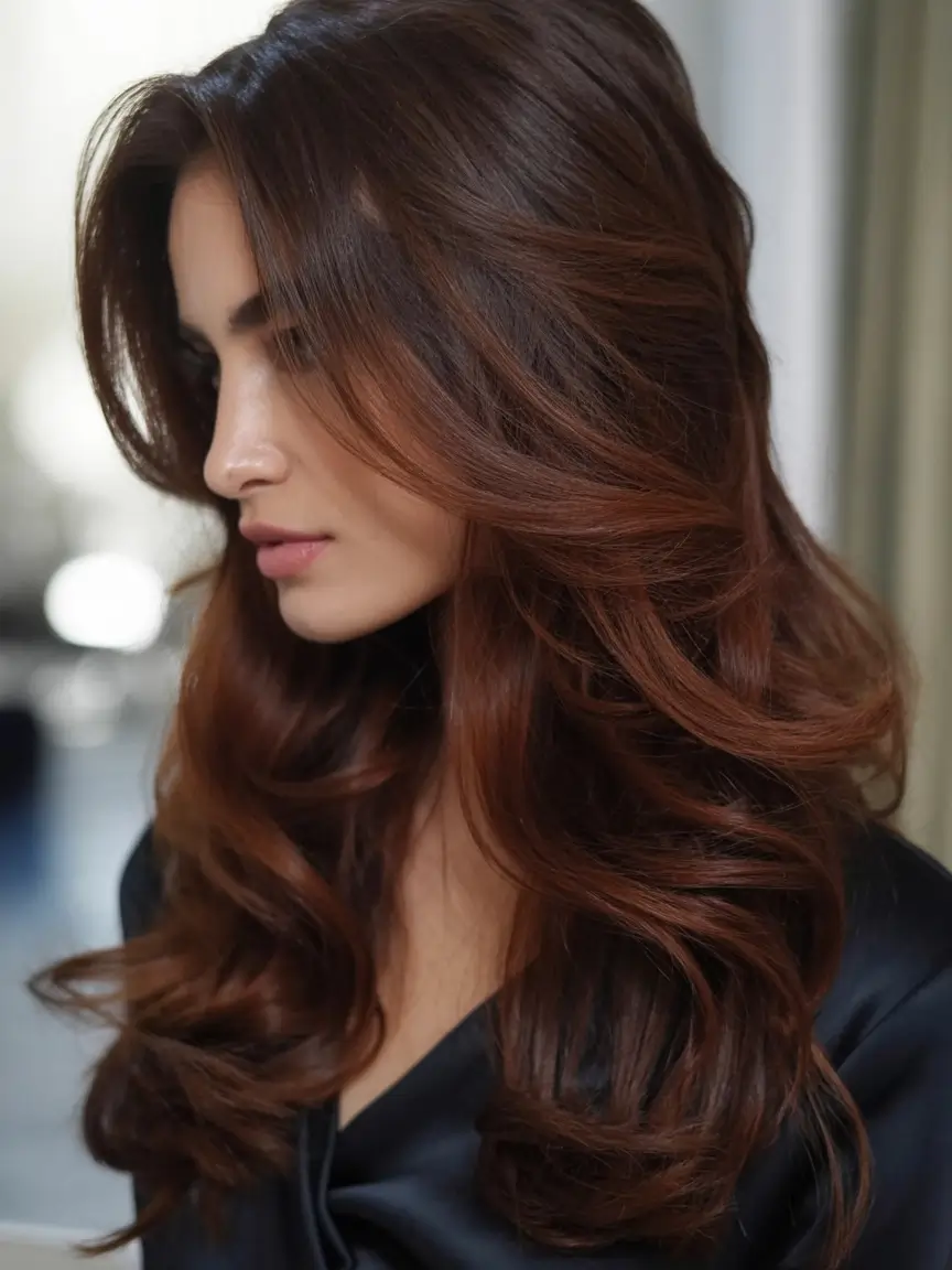 Hair Color Ideas for Fall 2025 Layered Mahogany Brown with Glossed Ends