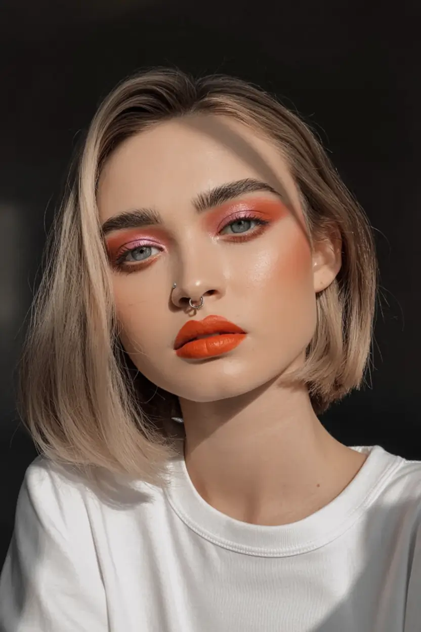 Hair Color Ideas for Fall 2025 Beige Blonde Bob with Orange Makeup Accent